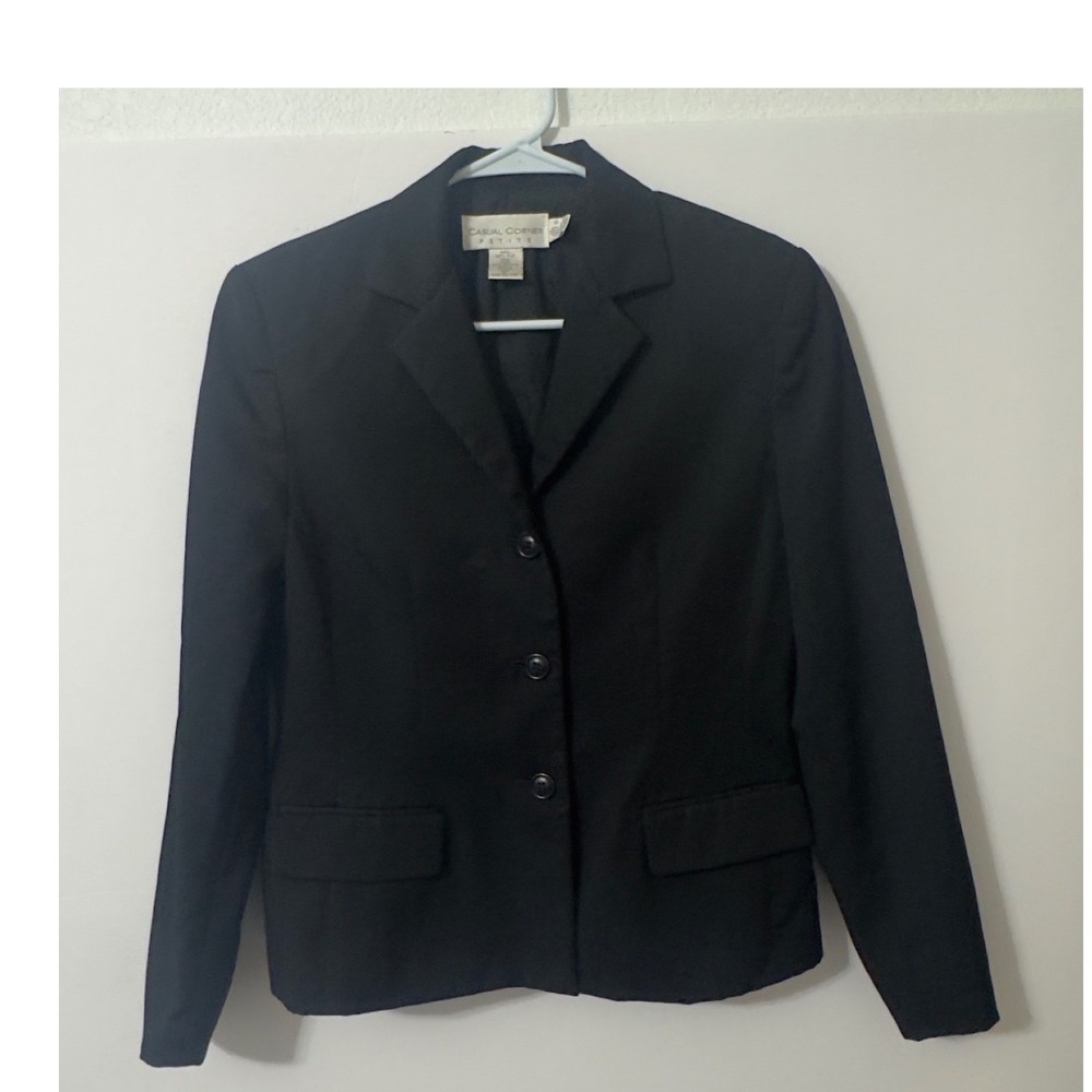 Casual Corner Petite Blazer Womens 6P Black Pure Wool 3-Button Jacket